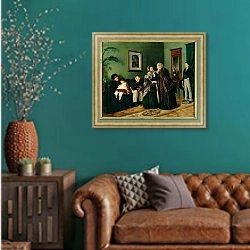 «The Doctor's Waiting Room, 1870» в интерьере гостиной с зеленой стеной над диваном