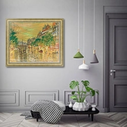 «Rue Royale, Paris,» в интерьере прихожей в зеленых тонах над комодом
