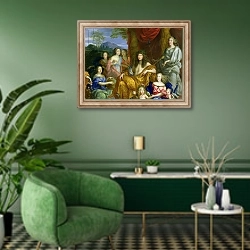 «The Family of Louis XIV 1670» в интерьере гостиной в зеленых тонах