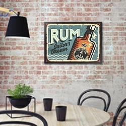 «Ретро-постер с бутылкой рома» в интерьере кухни в стиле лофт с кирпичной стеной