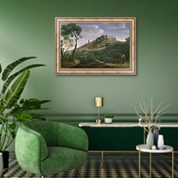 «Пейзаж с итальянским городком» в интерьере гостиной в зеленых тонах