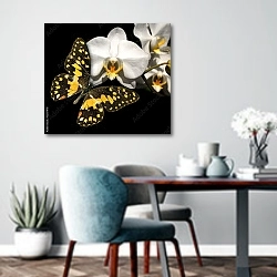 «Белая орхидея и бабочка на черном фоне» в интерьере современной кухни над обеденным столом
