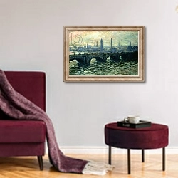 «Waterloo Bridge, 1902 1» в интерьере гостиной в бордовых тонах