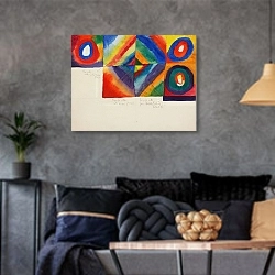 «Color studies with information on painting technique» в интерьере гостиной в стиле лофт в серых тонах