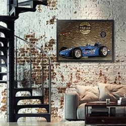 «Watson-Offenhauser Indy Roadster '1960» в интерьере двухярусной гостиной в стиле лофт с кирпичной стеной