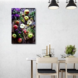«Садовые яблочки, полевые цветы, орехи и ноты на столе» в интерьере современной столовой над обеденным столом