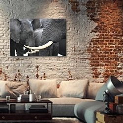 «Слоны в ряд» в интерьере гостиной в стиле лофт с кирпичной стеной