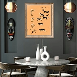 «Наскальный рисунок с охотой» в интерьере в этническом стиле над столом