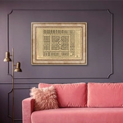 «План королевского огорода с фонтаном в центре» в интерьере гостиной с розовым диваном