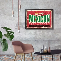«Мексиканский ресторан и текила бар, старая винтажная вывеска» в интерьере в стиле лофт с бетонной стеной