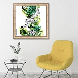 «Абстрактные летние тропические листья 2» в интерьере комнаты в скандинавском стиле с желтым креслом