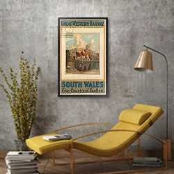 «'South Wales', poster advertising the Great Western Railway» в интерьере в стиле лофт с желтым креслом