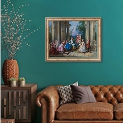 «Четыре возраста - Детство» в интерьере гостиной с зеленой стеной над диваном