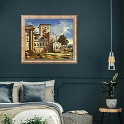 «Italian Landscape 1» в интерьере классической спальни с темными стенами
