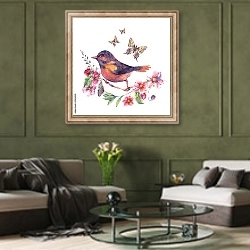 «Акварельный птенчик на цветущей ветке» в интерьере гостиной в оливковых тонах