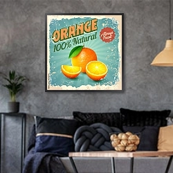 «Апельсин, ретро-плакат» в интерьере гостиной в стиле лофт в серых тонах