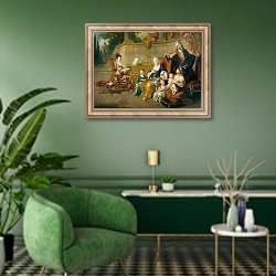 «The Franqueville Family, 1711» в интерьере гостиной в зеленых тонах