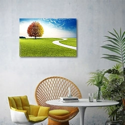 «Дерево в нарисованном пейзаже» в интерьере современной гостиной с желтым креслом