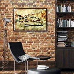 «Венеция, мост Риальто 1» в интерьере кабинета в стиле лофт с кирпичными стенами