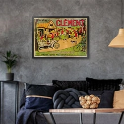«Poster advertising 'Cycles & motorcars Clement', Pre Saint-Gervais, 1906» в интерьере гостиной в стиле лофт в серых тонах