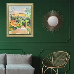 «The Bend in the road, 1900-06» в интерьере классической гостиной с зеленой стеной над диваном