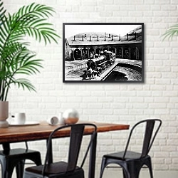 «История в черно-белых фото 107» в интерьере столовой в скандинавском стиле с кирпичной стеной