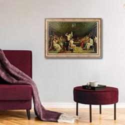 «The Tepidarium, 1853» в интерьере гостиной в бордовых тонах