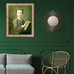 «A Boy with a Book, c.1740» в интерьере классической гостиной с зеленой стеной над диваном