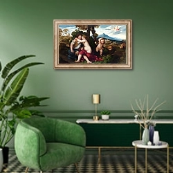 «Мифологическая сценка» в интерьере гостиной в зеленых тонах