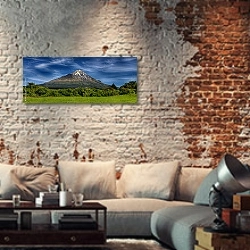 « Вулкан Таранаки, Новая Зеландия» в интерьере гостиной в стиле лофт с кирпичными стенами