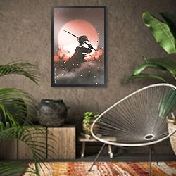 «Самурай с мечом, стоящего на фоне заката» в интерьере комнаты в этническом стиле