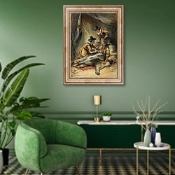 «Illustration for the Young Pilgrims 8» в интерьере гостиной в зеленых тонах