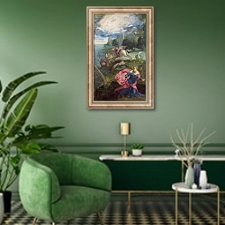 «Святой Георгий и дракон 3» в интерьере гостиной в зеленых тонах