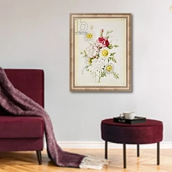 «Bunch of Mixed Carnations and White Marigolds, 1839» в интерьере гостиной в бордовых тонах