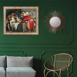 «The Entombment of Christ, 1559» в интерьере классической гостиной с зеленой стеной над диваном