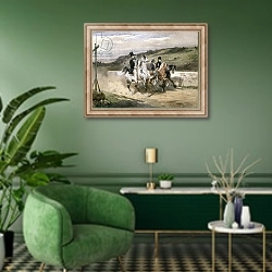 «Horace Vernet and his Children Riding in the Country» в интерьере гостиной в зеленых тонах