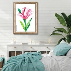 «Розовый цветок тюльпана на белом фоне» в интерьере спальни в стиле прованс с голубыми деталями