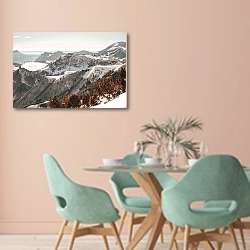 «Лесистые горы под снегом» в интерьере современной столовой в пастельных тонах