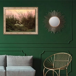 «Swans in the Reeds, c.1820» в интерьере классической гостиной с зеленой стеной над диваном