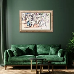 «Figures and Horses» в интерьере зеленой гостиной над диваном