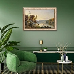 «Lake George, 1871» в интерьере гостиной в зеленых тонах