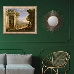 «David is consecrated king by Samuel» в интерьере классической гостиной с зеленой стеной над диваном
