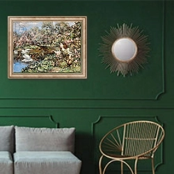 «Swan Pond, 1911» в интерьере классической гостиной с зеленой стеной над диваном