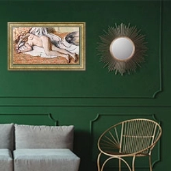 «After the Bath or, Reclining Nude, c.1885» в интерьере классической гостиной с зеленой стеной над диваном