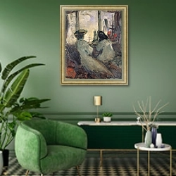 «The Arrival in London» в интерьере гостиной в зеленых тонах
