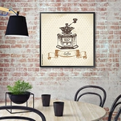 «Иллюстрация с кофемолкой 1» в интерьере современной кухни с кирпичной стеной