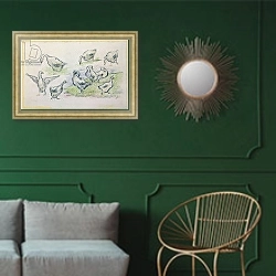 «Ducks» в интерьере классической гостиной с зеленой стеной над диваном