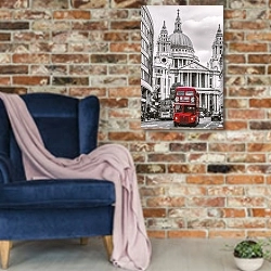 «Лондонский красный автобус на улице» в интерьере в стиле лофт с кирпичной стеной и синим креслом