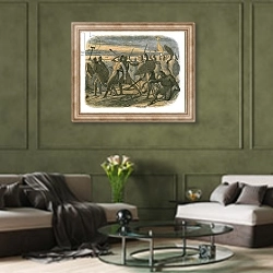 «The death of Harold at the battle of Hastings» в интерьере гостиной в оливковых тонах