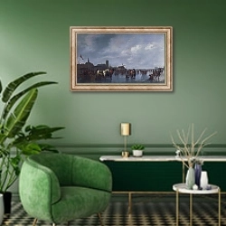 «Сцена на льду рядом с Дордрехтом» в интерьере гостиной в зеленых тонах